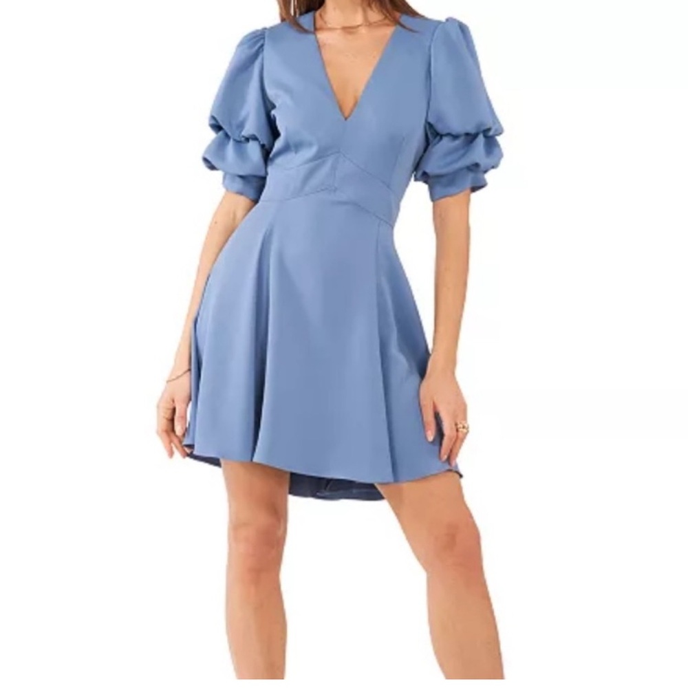 1.State Tiered Bubble Sleeve Mini Dress Fit‎ & Flare Dusty Baby Blue Sz XS NWT